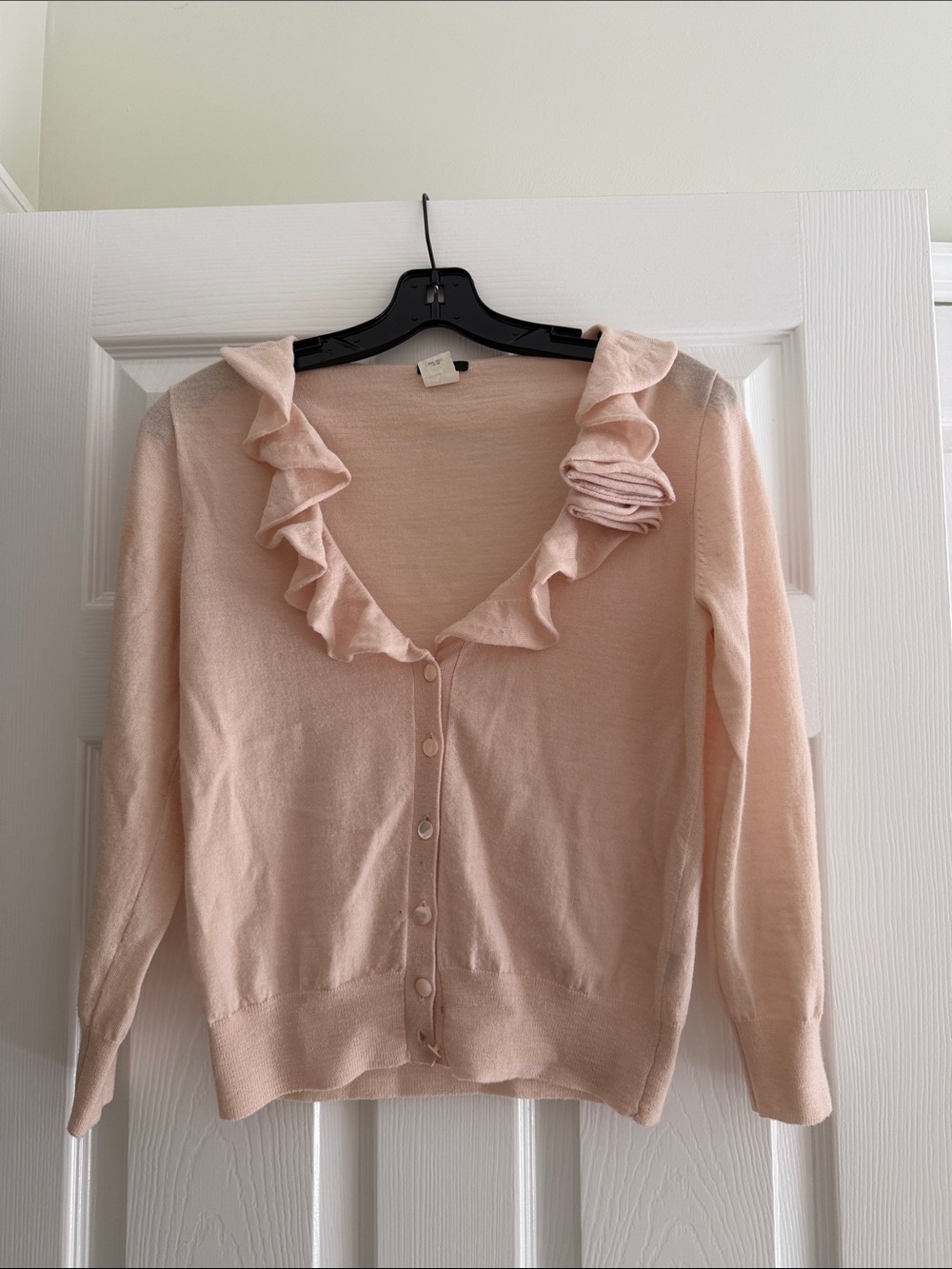 J. Crew Blush Ruffled V-Neck Button Cardigan